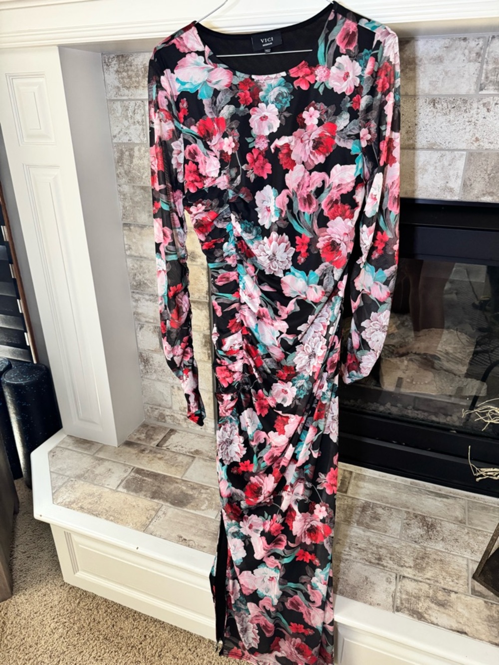 VICI Black Floral Long Sleeve Ruched Maxi Dress with Pink & Teal Accents